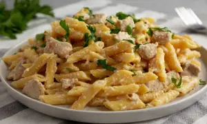 Penne con pollo w kremowym sosie, posypane świeżą natką pietruszki. Pyszne danie gotowe do podania.