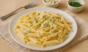 Penne w kremowym sosie z gorgonzolą i mascarpone, posypane natką pietruszki. Idealne danie dla miłośników serowych smaków.