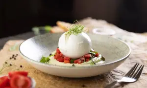Wykwintna burratina pugliese na kremowym puree z pomidorami i ziołami, udekorowana kiełkami.