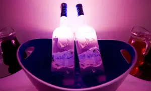 Drogie wódki czyste Grey Goose w wiaderku z lodem, gotowe na imprezę.