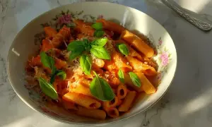 Penne all'arrabiata co to? Pikantny sos pomidorowy z czosnkiem i chili, podany z makaronem penne, posypany parmezanem i świeżą bazylią.