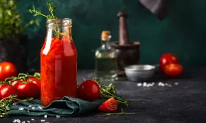 Butelka domowych włoskich sosów pomidorowych, świeże pomidory i zioła na ciemnym tle.