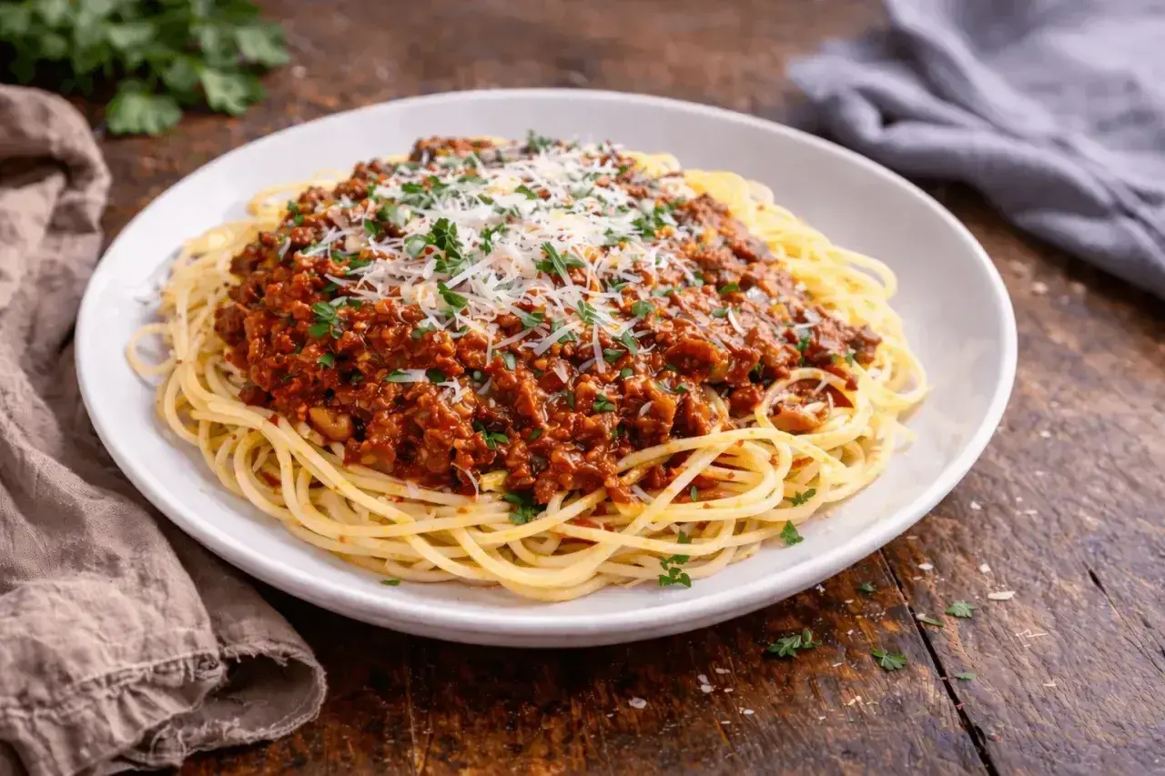 Pyszne spaghetti z bogatym, mięsnym sosem bolognese. Idealny wybór, jeśli zastanawiasz się, jaki sos do spaghetti wybrać na obiad.