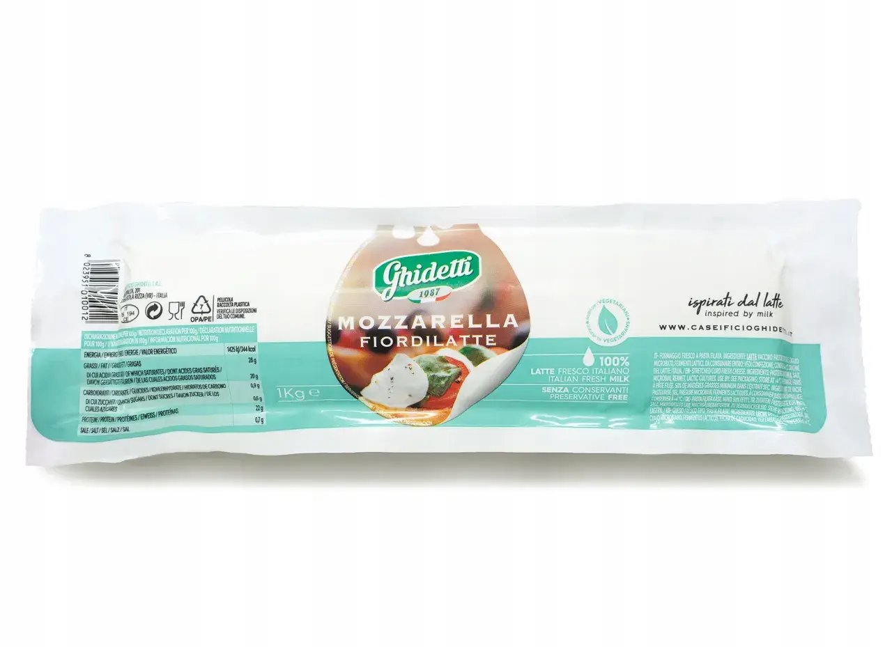 Opakowanie mozzarelli Fior di Latte marki Ghidetti z widoczną etykietą i informacjami o produkcie.