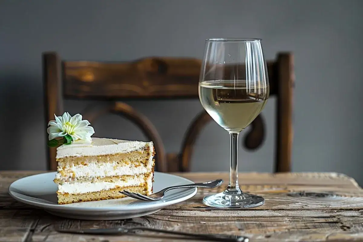 Kawałek tortu z kwiatem i kieliszek białego wina, być może muscat alkohol, na drewnianym stole.