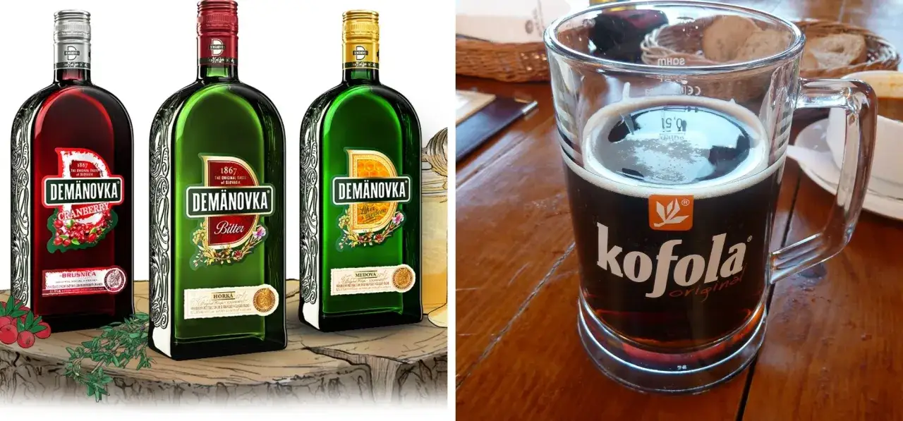 Słowackie alkohole: Demänovka żurawinowa, gorzka i miodowa, obok kufel Kofoli.