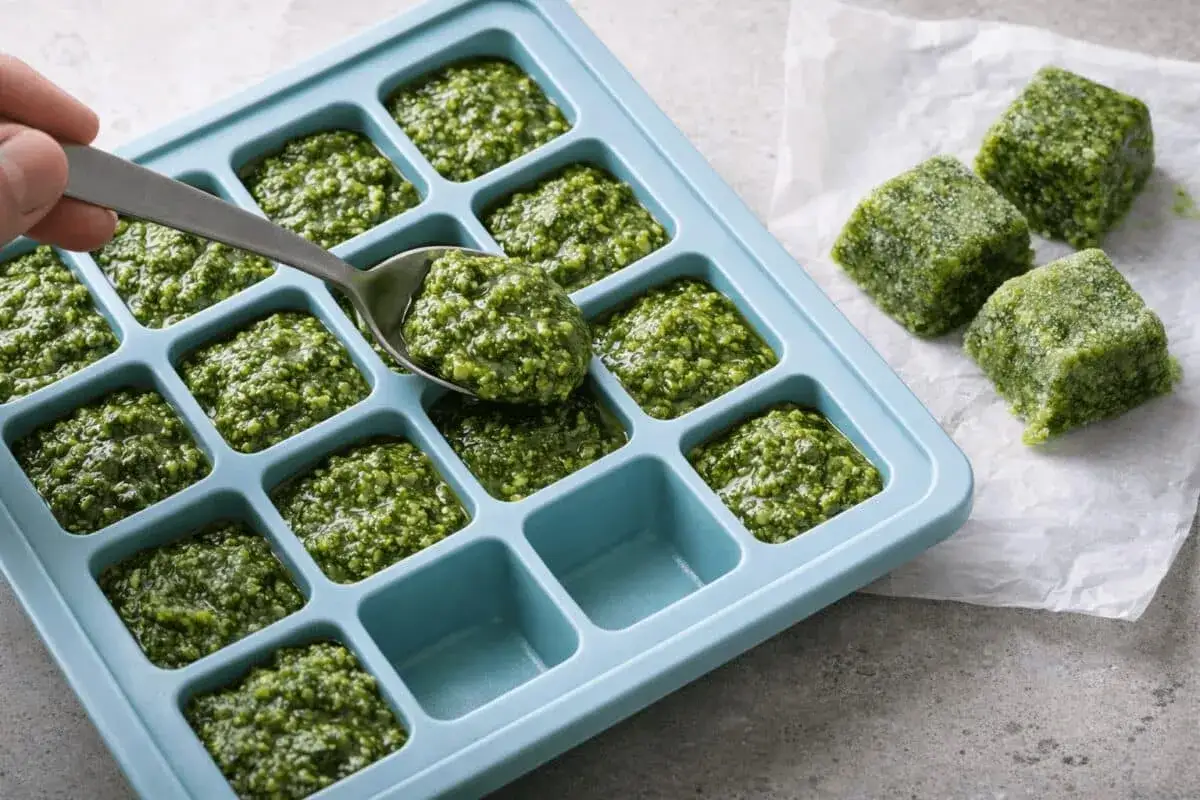 Czy pesto można mrozić? Tak! Porcje pesto w kostkach lodu to świetny sposób na jego przechowywanie.