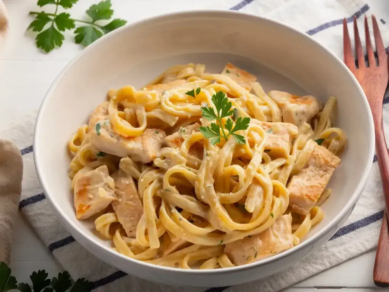 Pyszne fettuccine z kurczakiem w kremowym, oryginalnym sosie alfredo, udekorowane natką pietruszki.