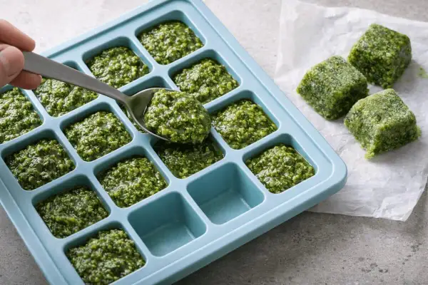 Czy pesto można mrozić? Tak! Porcje pesto w zamrażarce w formie kostek to świetny sposób na zachowanie świeżości.