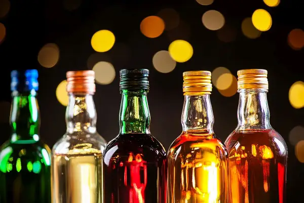 Rząd pięciu butelek z różnymi alkoholami, w tym zielona z niebieskim korkiem, przezroczysta z pomarańczowym, zielona z czarnym, przezroczysta ze złotym i przezroczysta z kolejnym złotym. Tło rozmyte, z ciepłymi, okrągłymi światłami. Idealne na wieczór ...
