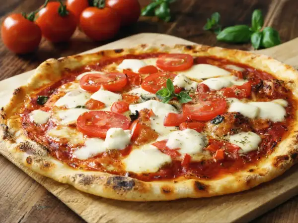 Pyszna pizza Margherita z pomidorami i rozpływającym się **serem di bufala**, ozdobiona świeżą bazylią.