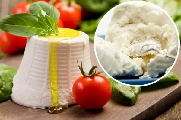 Świeża ricotta z oliwą i bazylią, obok pomidorki. W tle widać jej kremowy skład.