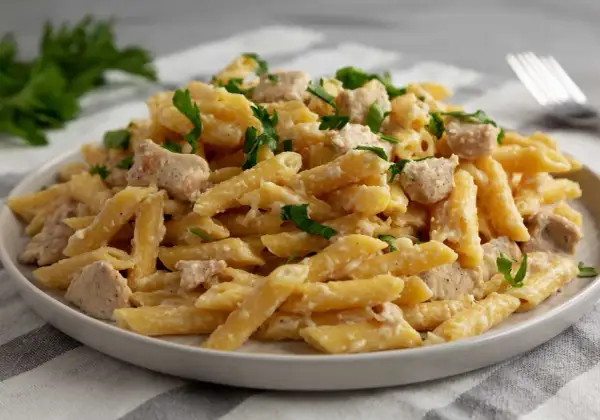 Penne con pollo w kremowym sosie, posypane świeżą natką pietruszki. Pyszne danie gotowe do podania.