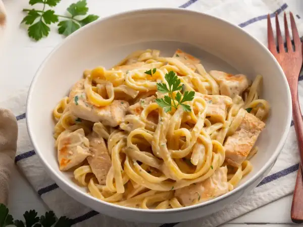 Pyszne fettuccine z kurczakiem w kremowym, oryginalnym sosie alfredo, udekorowane natką pietruszki.