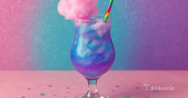 Magiczny alkohol z brokatem, ozdobiony watą cukrową i tęczową słomką, wygląda jak napój z bajki.