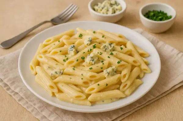 Penne w kremowym sosie z gorgonzolą i mascarpone, posypane natką pietruszki. Idealne danie dla miłośników serowych smaków.