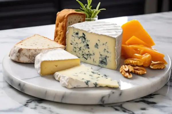 Deska serów z chlebem, orzechami i kawałkami sera, w tym wyrazisty gorgonzola piccante.