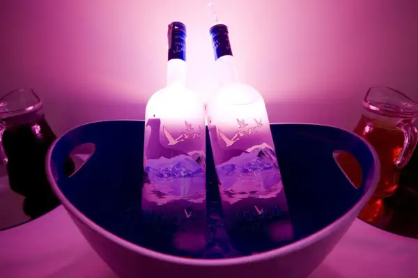 Drogie wódki czyste Grey Goose w wiaderku z lodem, gotowe na imprezę.
