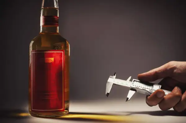 Dłonią trzymam suwmiarkę, mierząc ile procent ma whisky w butelce.
