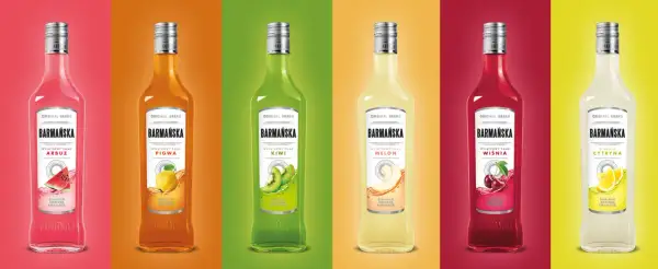 Sześć butelek Barmańska o różnych smakach: arbuz, pigwa, kiwi, melon, wiśnia i cytryna. Zastanawiasz się, barmańska ile procent?