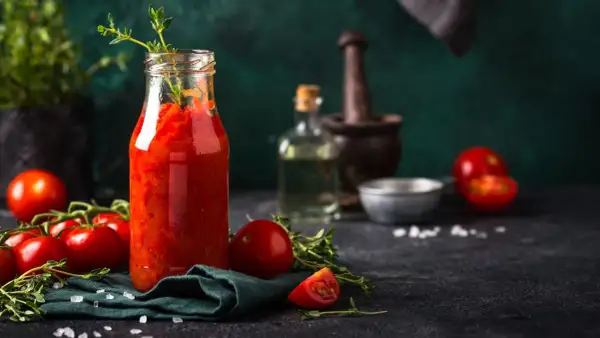 Butelka domowych włoskich sosów pomidorowych, świeże pomidory i zioła na ciemnym tle.