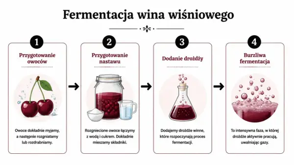 Proces tworzenia domowego alkoholu z wiśni: od przygotowania owoców, przez nastaw, dodanie drożdży, aż po burzliwą fermentację.