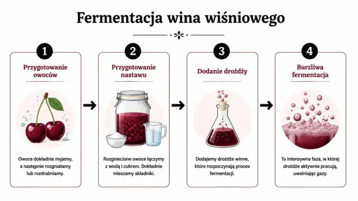 Proces tworzenia domowego alkoholu z wiśni: od przygotowania owoców, przez nastaw, dodanie drożdży, aż po burzliwą fermentację.